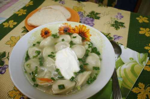 Разлейте утиный суп по тарелкам и посыпьте зеленью